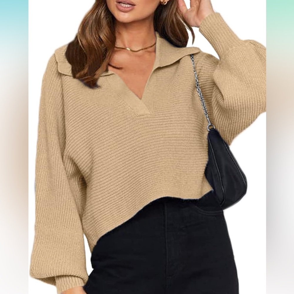 Overized Puff Long Sleeve VNeck Knitted Polo Pullover Sweater Jumper Apricot Tan
